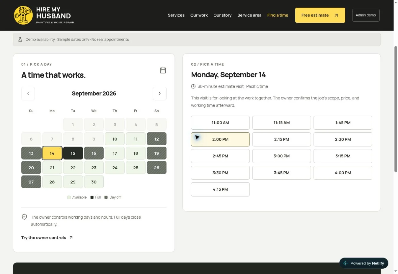 Screenshot of the Hire My Husband calendar concept