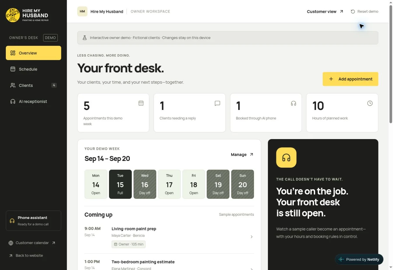Screenshot of the Hire My Husband dashboard concept