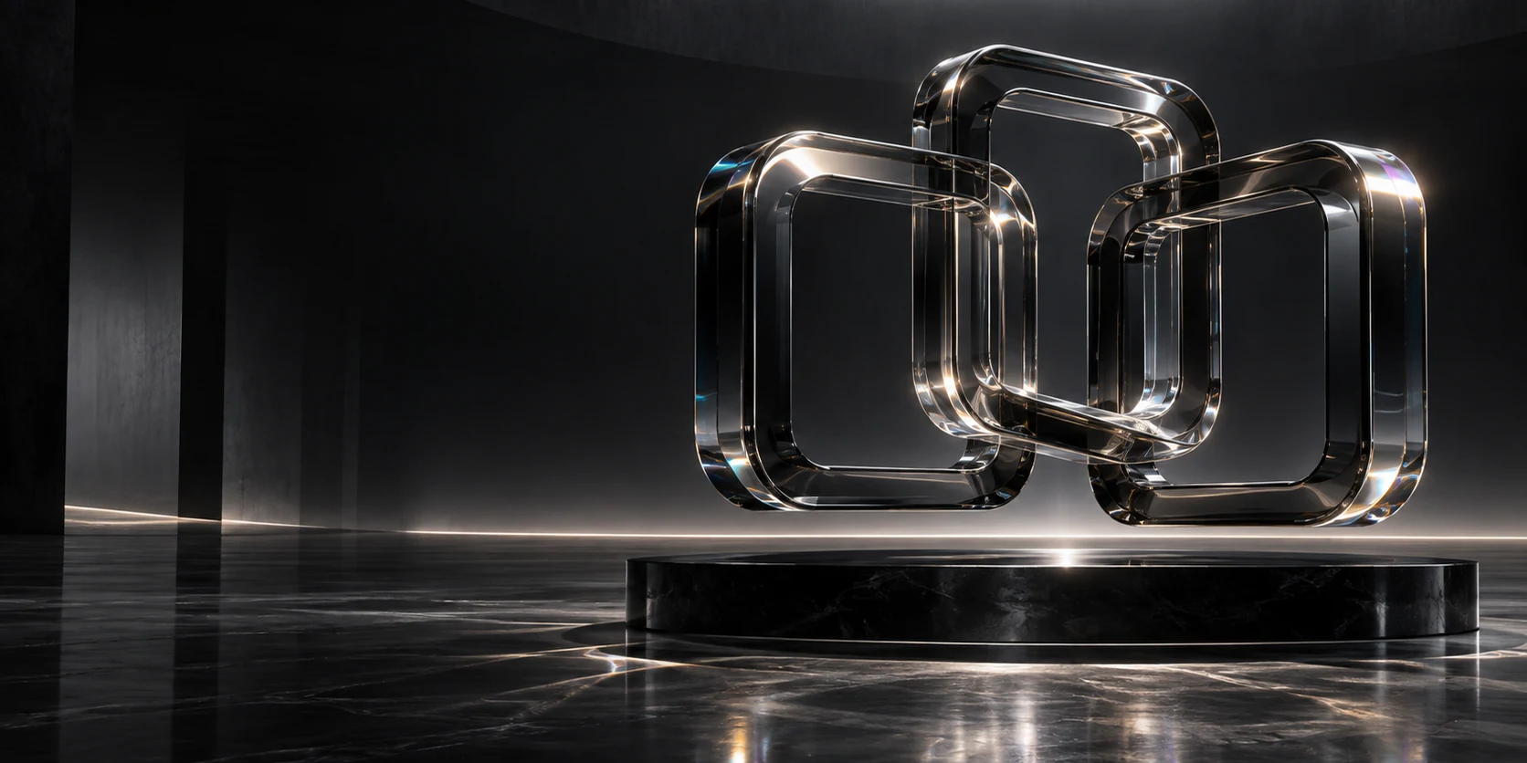 Sculptural optical-glass frames connected above an obsidian platform, with subtle pearl and prism reflections