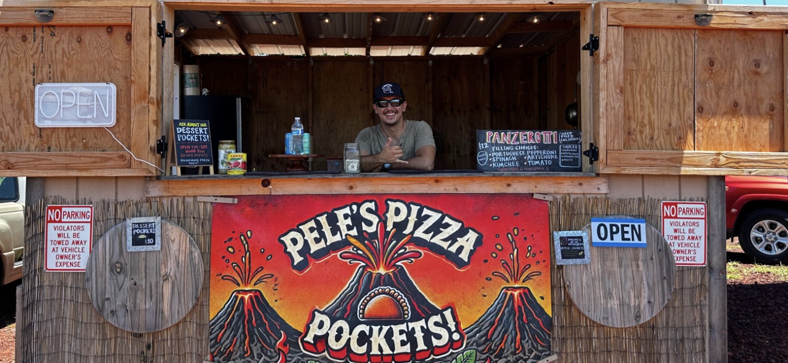 Dylan at the counter of Pele Pockets in Hawaiʻi